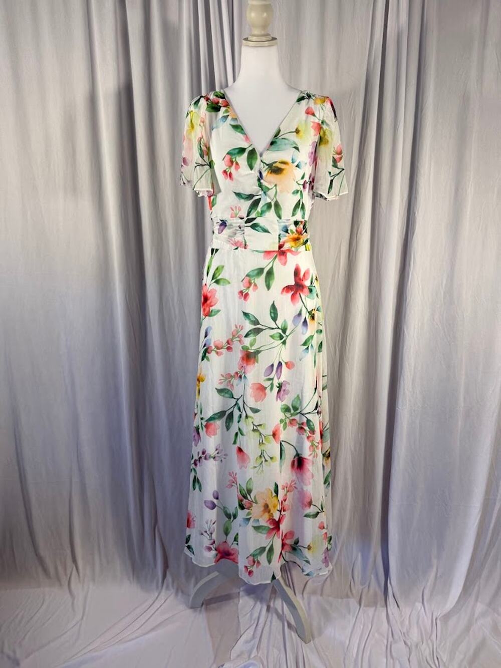 Kensie Women’s Size 8 White Multi Floral Belted A-Line Midi Dress NWT